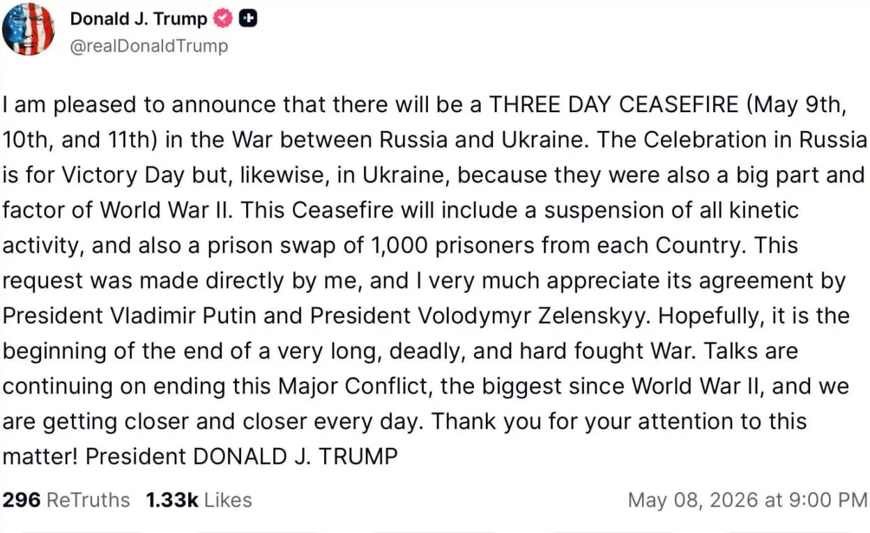 По словам экс‑президента США, он лично предложил перемирие, которое, как утверждается, поддержали лидеры России и Украины; в рамках заявления говорится о приостановке боёв и обмене по 1000 пленных с каждой стороны.