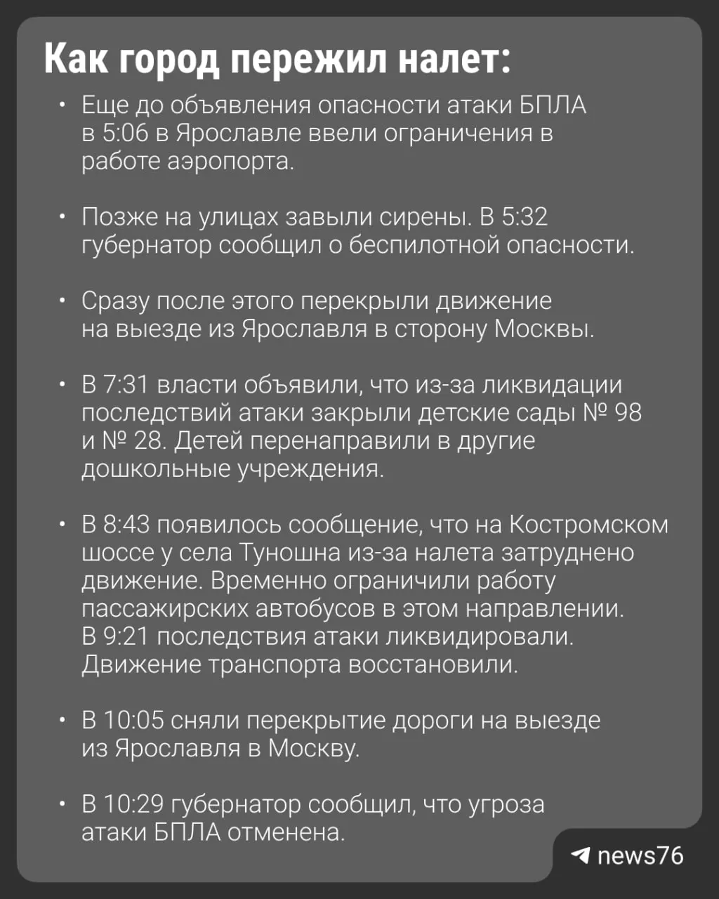 Утром над Ярославской областью прошла атака 67 беспилотников. Обломки попали в автобус, погиб один человек, 27 пострадали.
