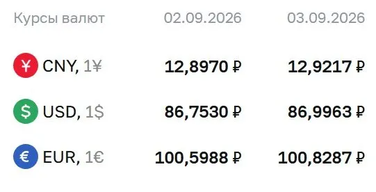 Официальные курсы на 3 сентября: доллар 86,9963 ₽, евро 100,8287 ₽, юань 12,9217 ₽.